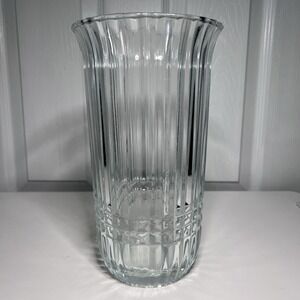 Vintage FTDA 1986 Clear Crystal Glass Ribbed Flower Vase 9" Weighted Base
